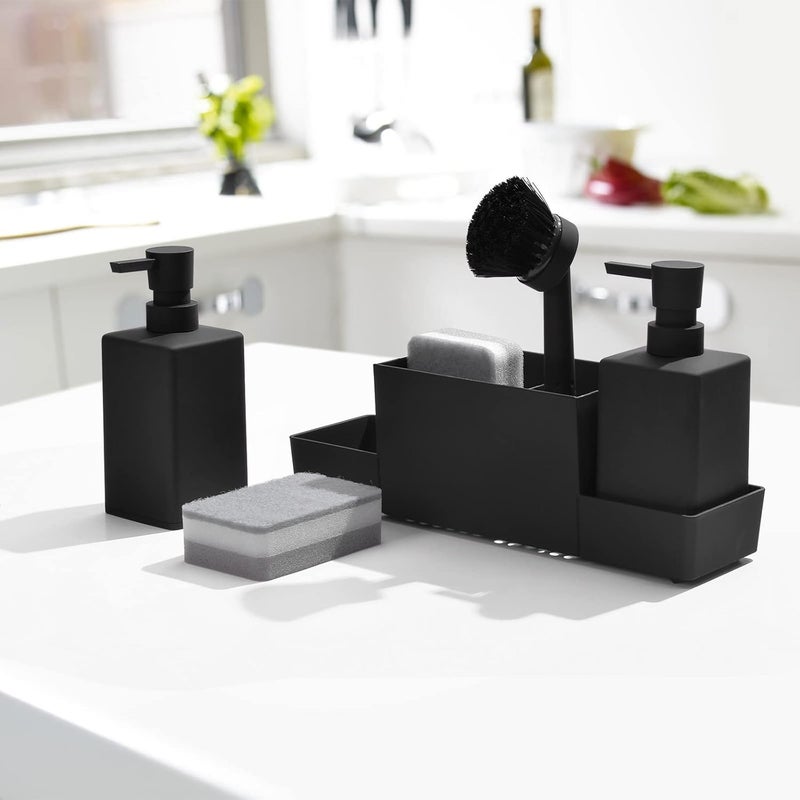 YAUKPH Kitchen Soap Dispenser with Sponge Holder Set for Sink Caddy, Hand Soap and Dish Soap Dispenser with Brush (Black) - Image 5